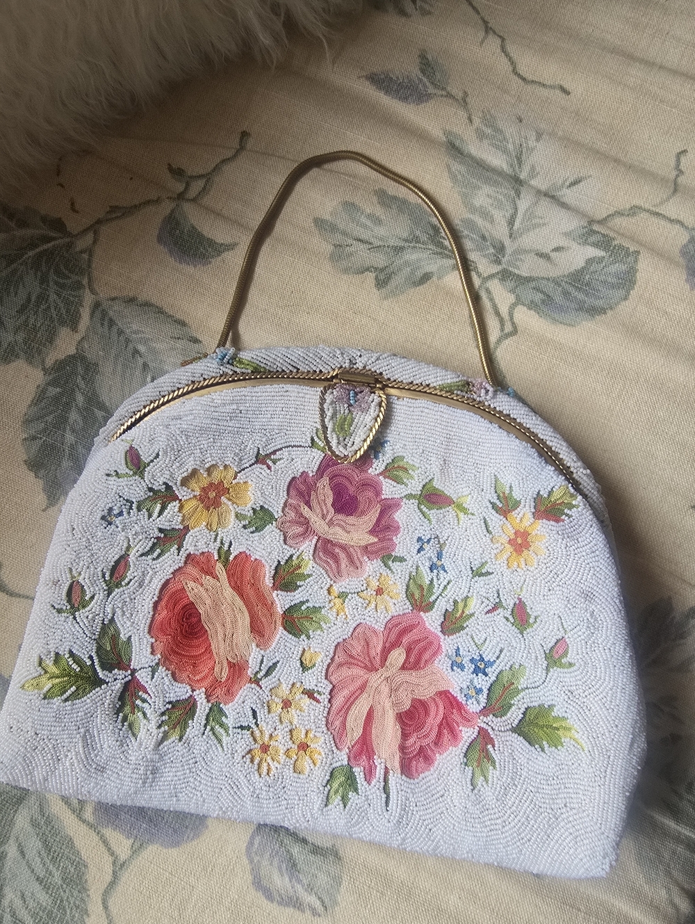 Antique Embroidered Floral Micro Beaded Clutch Bag Handmade In France